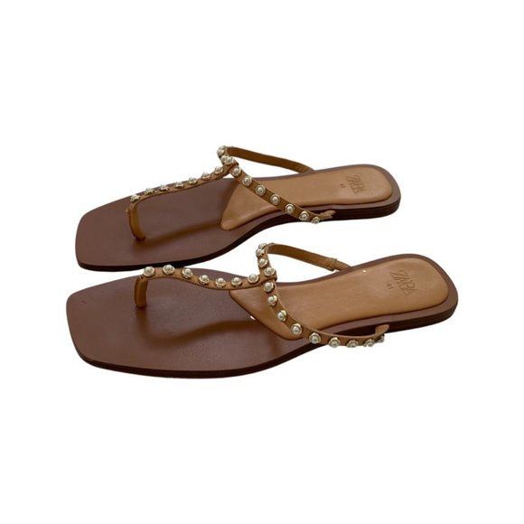 Zara Brown Thong Pearl Detail Sandals Size 41 - Picture 2 of 6
